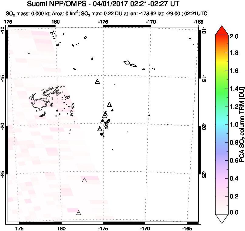 A sulfur dioxide image over Tonga, South Pacific on Apr 01, 2017.