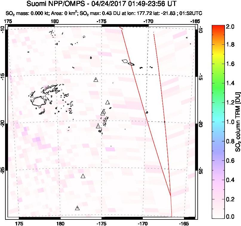 A sulfur dioxide image over Tonga, South Pacific on Apr 24, 2017.