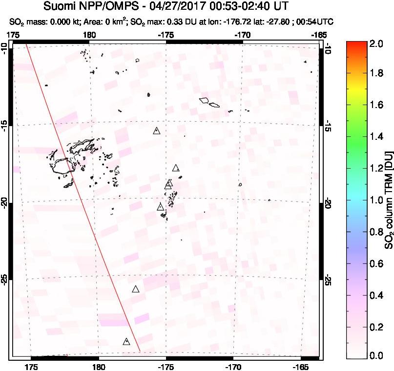 A sulfur dioxide image over Tonga, South Pacific on Apr 27, 2017.