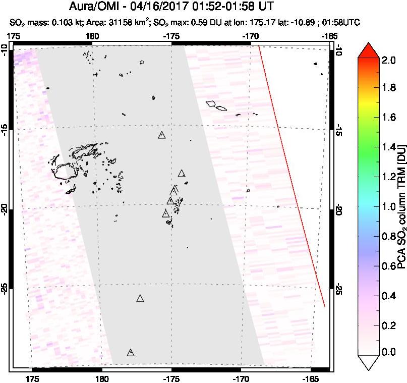 A sulfur dioxide image over Tonga, South Pacific on Apr 16, 2017.