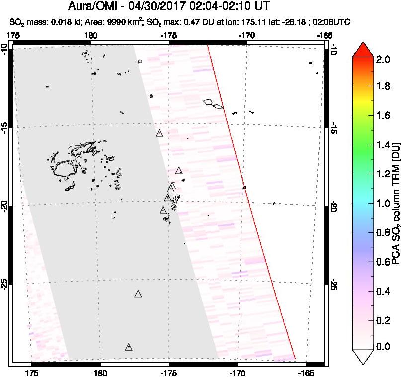 A sulfur dioxide image over Tonga, South Pacific on Apr 30, 2017.