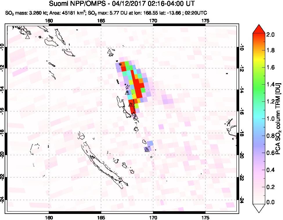A sulfur dioxide image over Vanuatu, South Pacific on Apr 12, 2017.
