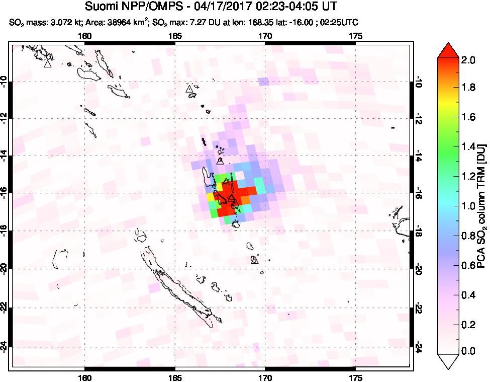 A sulfur dioxide image over Vanuatu, South Pacific on Apr 17, 2017.