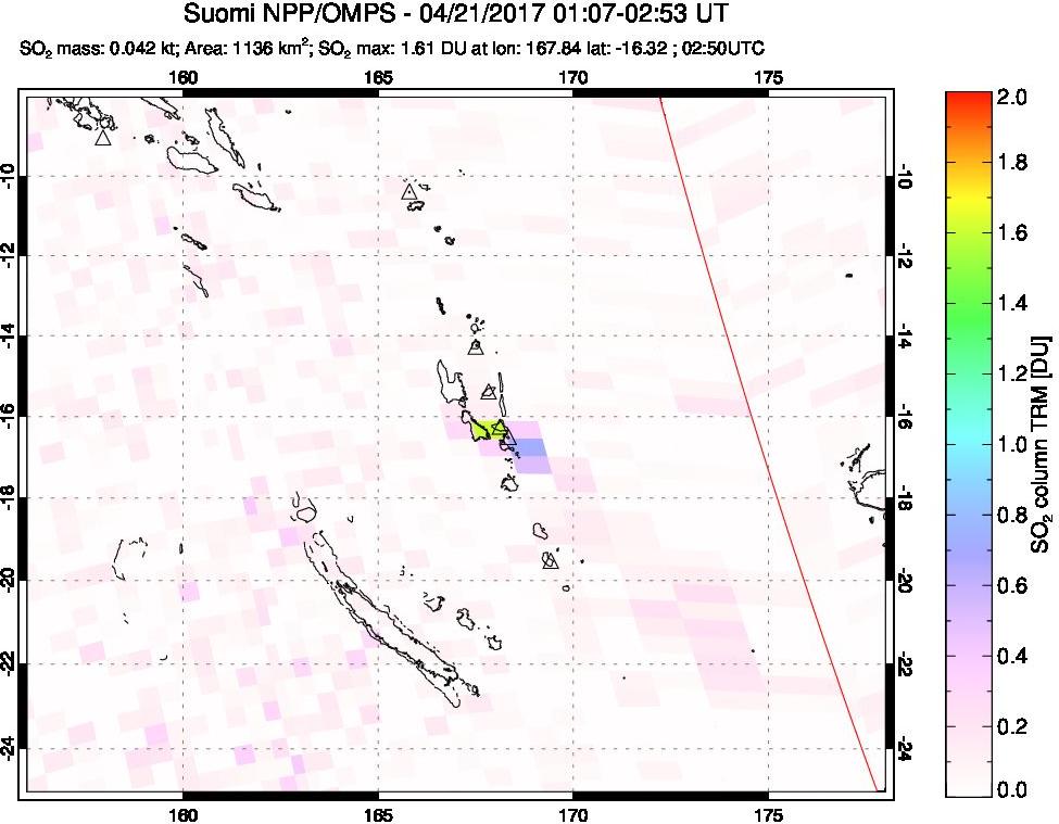 A sulfur dioxide image over Vanuatu, South Pacific on Apr 21, 2017.