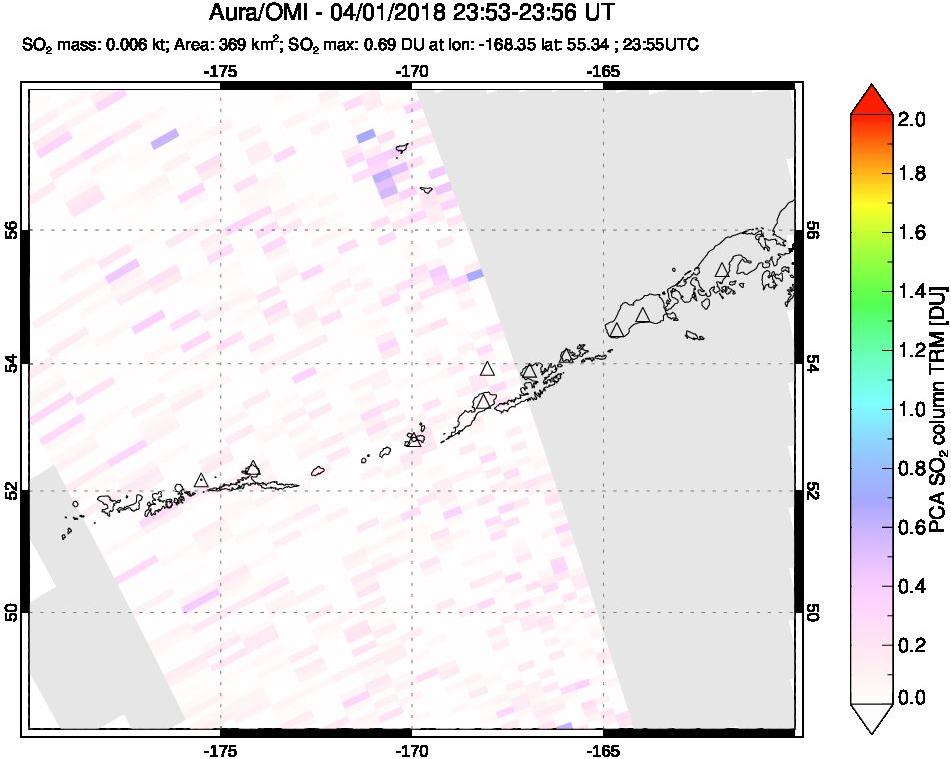 A sulfur dioxide image over Aleutian Islands, Alaska, USA on Apr 01, 2018.