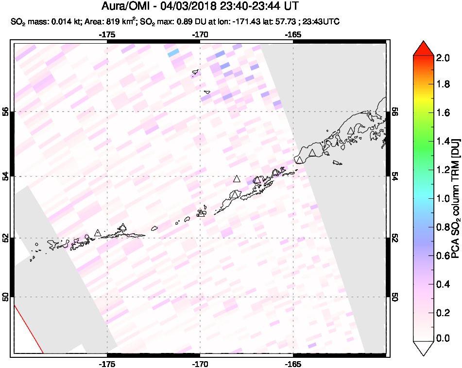 A sulfur dioxide image over Aleutian Islands, Alaska, USA on Apr 03, 2018.