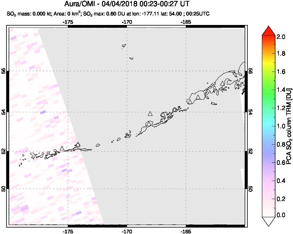A sulfur dioxide image over Aleutian Islands, Alaska, USA on Apr 04, 2018.