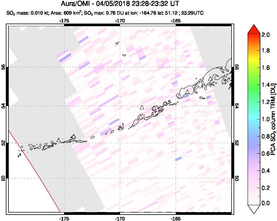 A sulfur dioxide image over Aleutian Islands, Alaska, USA on Apr 05, 2018.