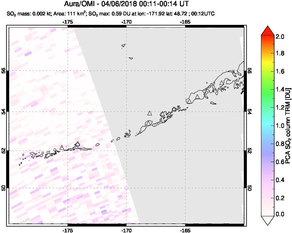 A sulfur dioxide image over Aleutian Islands, Alaska, USA on Apr 06, 2018.