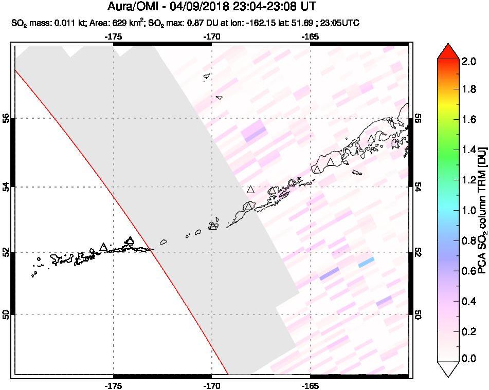 A sulfur dioxide image over Aleutian Islands, Alaska, USA on Apr 09, 2018.
