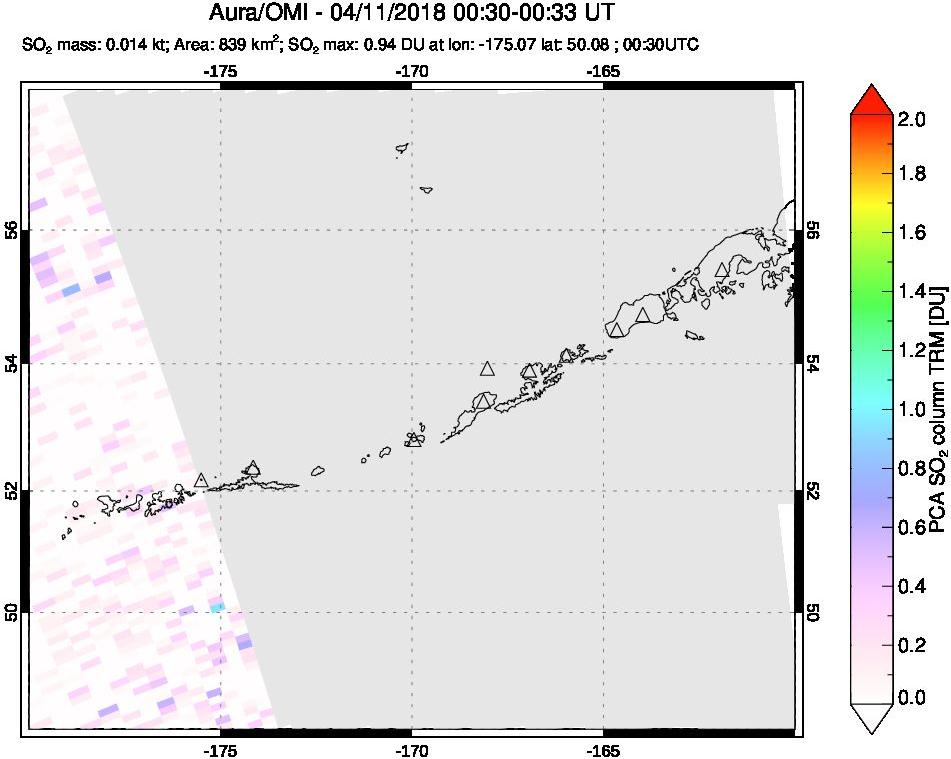 A sulfur dioxide image over Aleutian Islands, Alaska, USA on Apr 11, 2018.