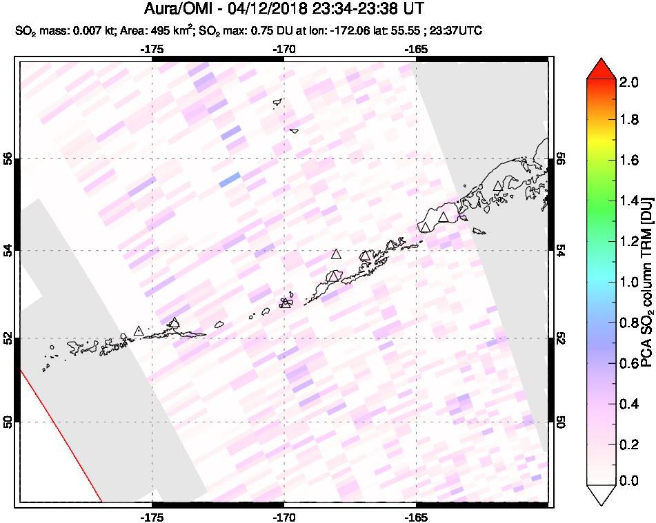 A sulfur dioxide image over Aleutian Islands, Alaska, USA on Apr 12, 2018.
