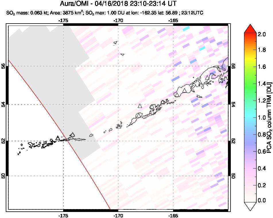 A sulfur dioxide image over Aleutian Islands, Alaska, USA on Apr 16, 2018.