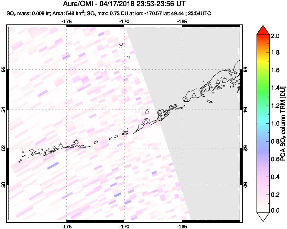 A sulfur dioxide image over Aleutian Islands, Alaska, USA on Apr 17, 2018.