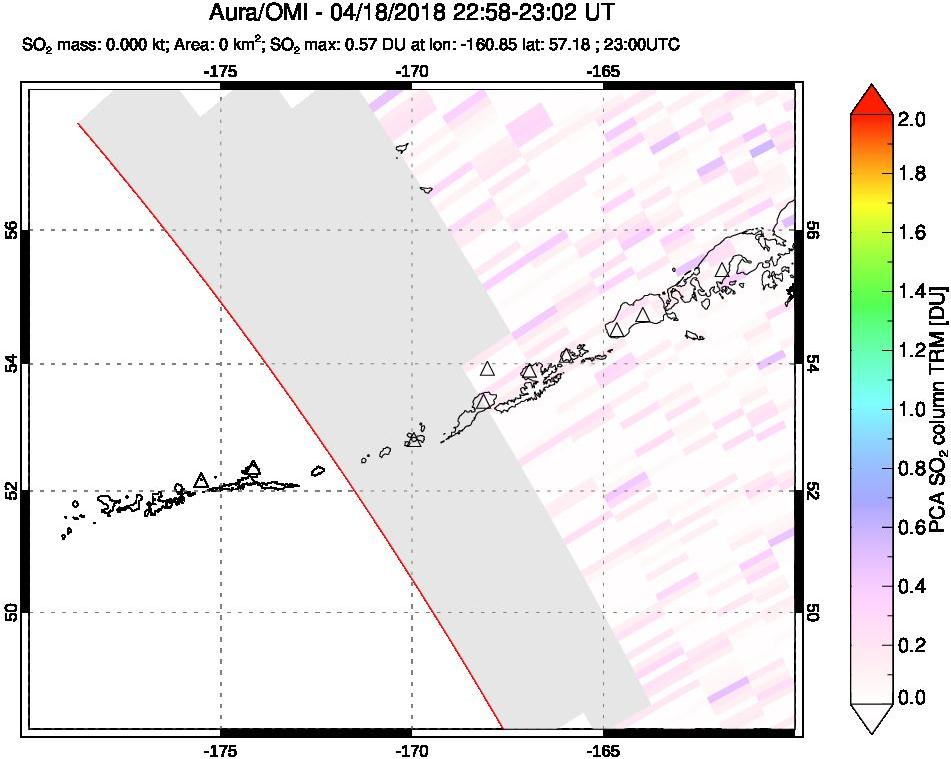 A sulfur dioxide image over Aleutian Islands, Alaska, USA on Apr 18, 2018.