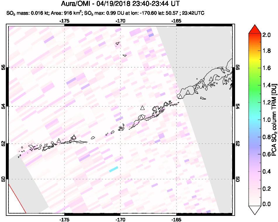 A sulfur dioxide image over Aleutian Islands, Alaska, USA on Apr 19, 2018.