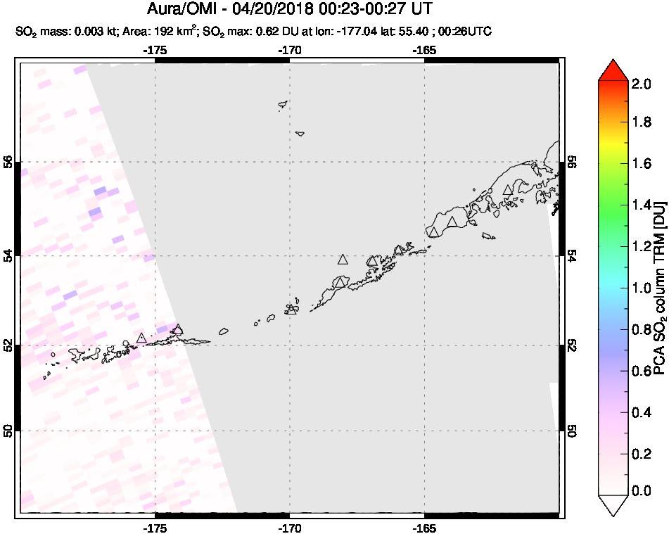 A sulfur dioxide image over Aleutian Islands, Alaska, USA on Apr 20, 2018.