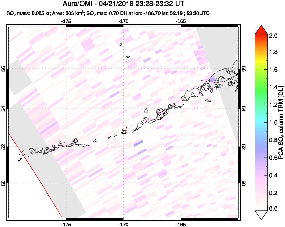 A sulfur dioxide image over Aleutian Islands, Alaska, USA on Apr 21, 2018.