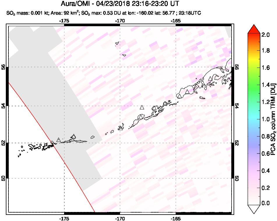 A sulfur dioxide image over Aleutian Islands, Alaska, USA on Apr 23, 2018.