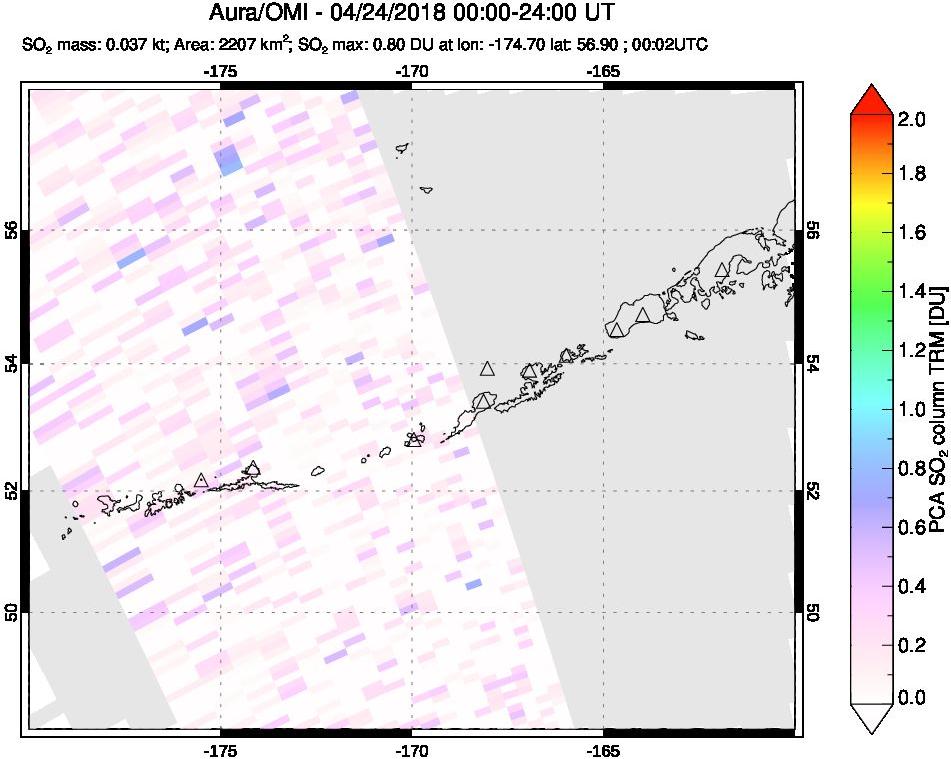 A sulfur dioxide image over Aleutian Islands, Alaska, USA on Apr 24, 2018.
