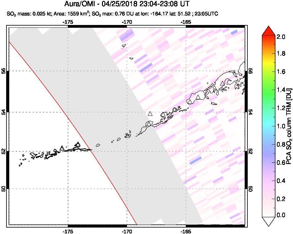 A sulfur dioxide image over Aleutian Islands, Alaska, USA on Apr 25, 2018.
