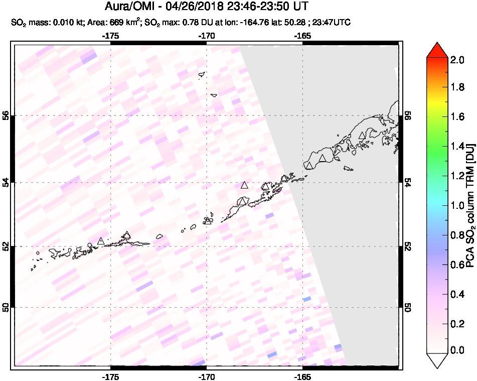 A sulfur dioxide image over Aleutian Islands, Alaska, USA on Apr 26, 2018.