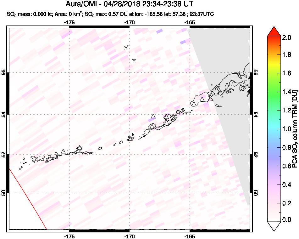 A sulfur dioxide image over Aleutian Islands, Alaska, USA on Apr 28, 2018.