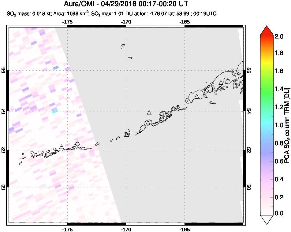 A sulfur dioxide image over Aleutian Islands, Alaska, USA on Apr 29, 2018.