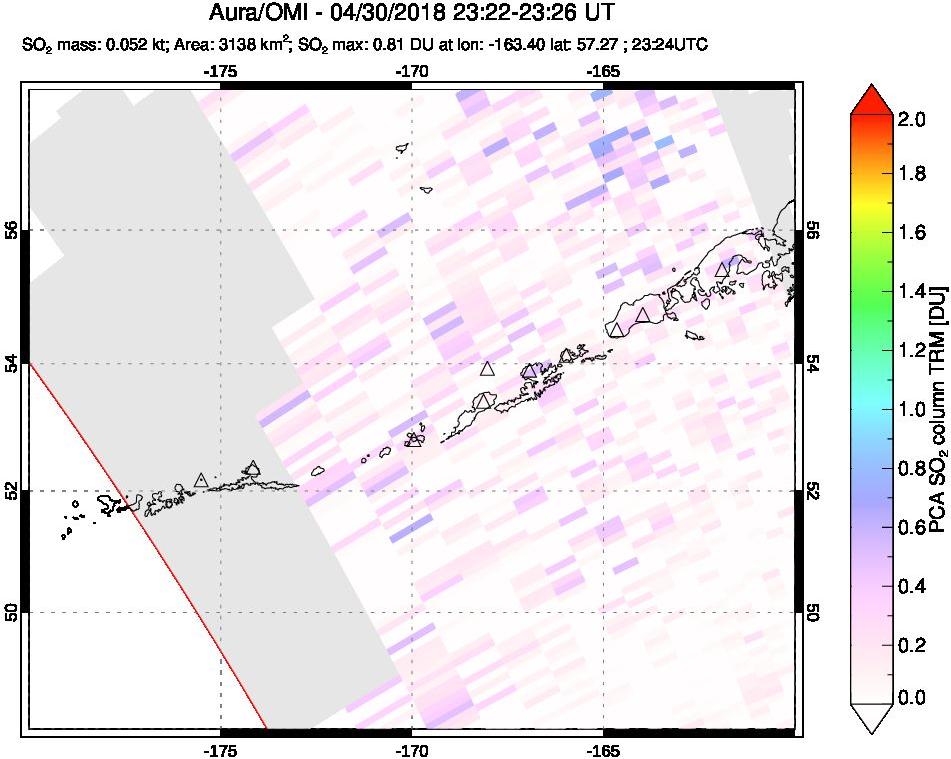 A sulfur dioxide image over Aleutian Islands, Alaska, USA on Apr 30, 2018.