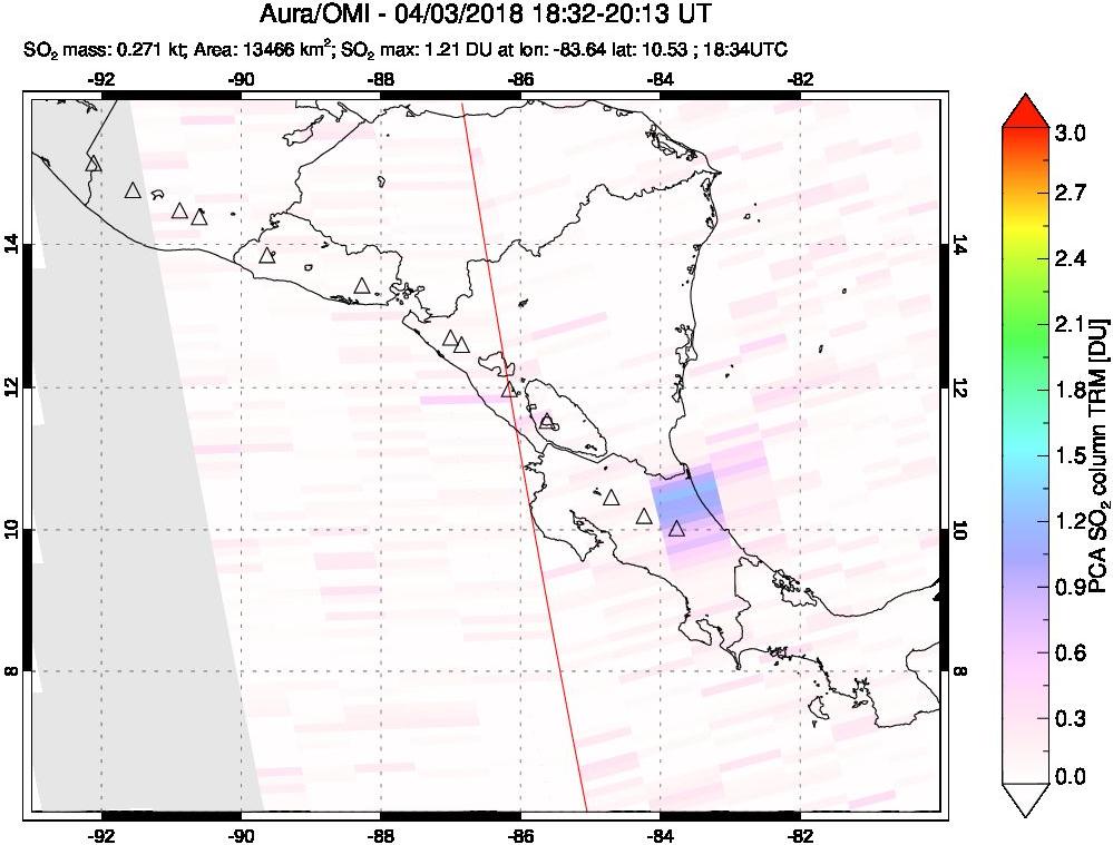 A sulfur dioxide image over Central America on Apr 03, 2018.