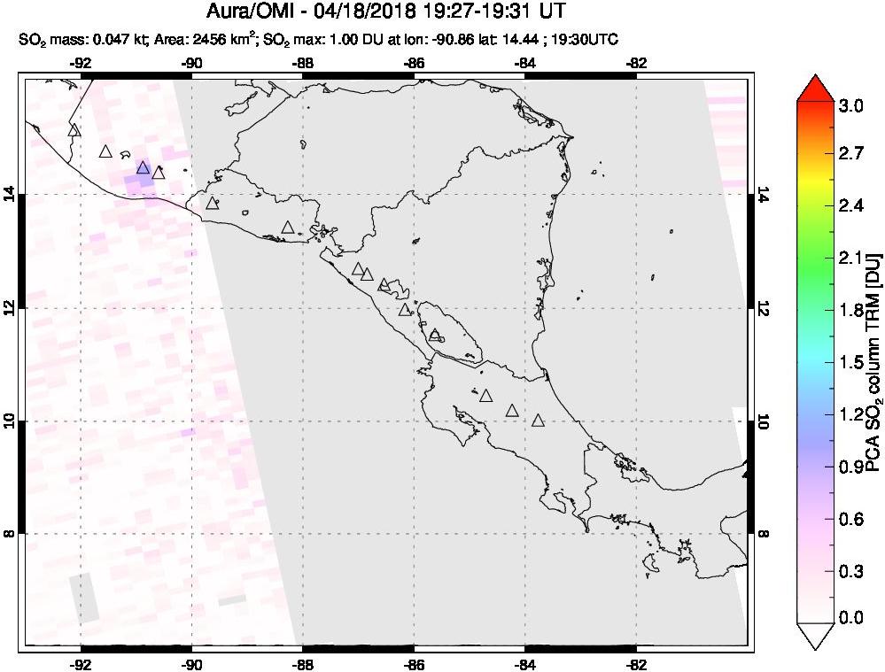 A sulfur dioxide image over Central America on Apr 18, 2018.