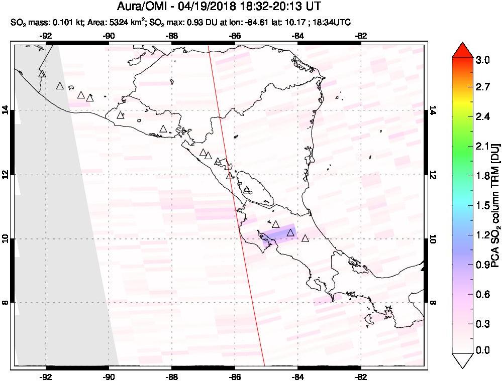 A sulfur dioxide image over Central America on Apr 19, 2018.