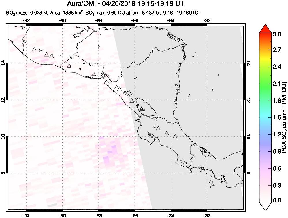 A sulfur dioxide image over Central America on Apr 20, 2018.