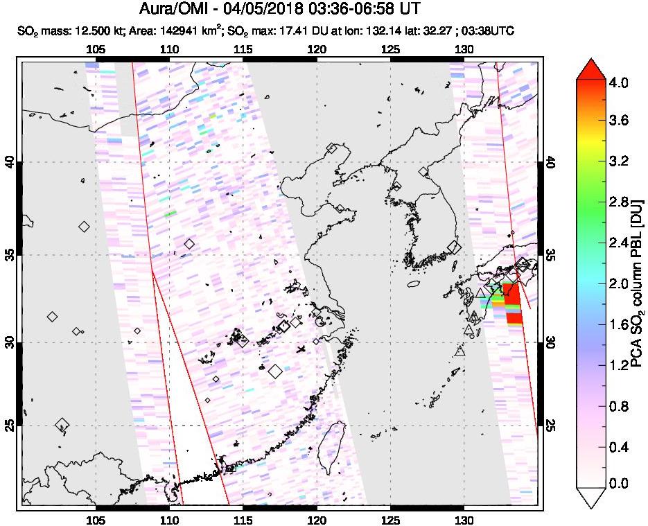 A sulfur dioxide image over Eastern China on Apr 05, 2018.