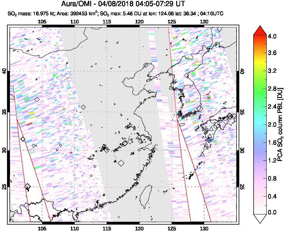 A sulfur dioxide image over Eastern China on Apr 08, 2018.