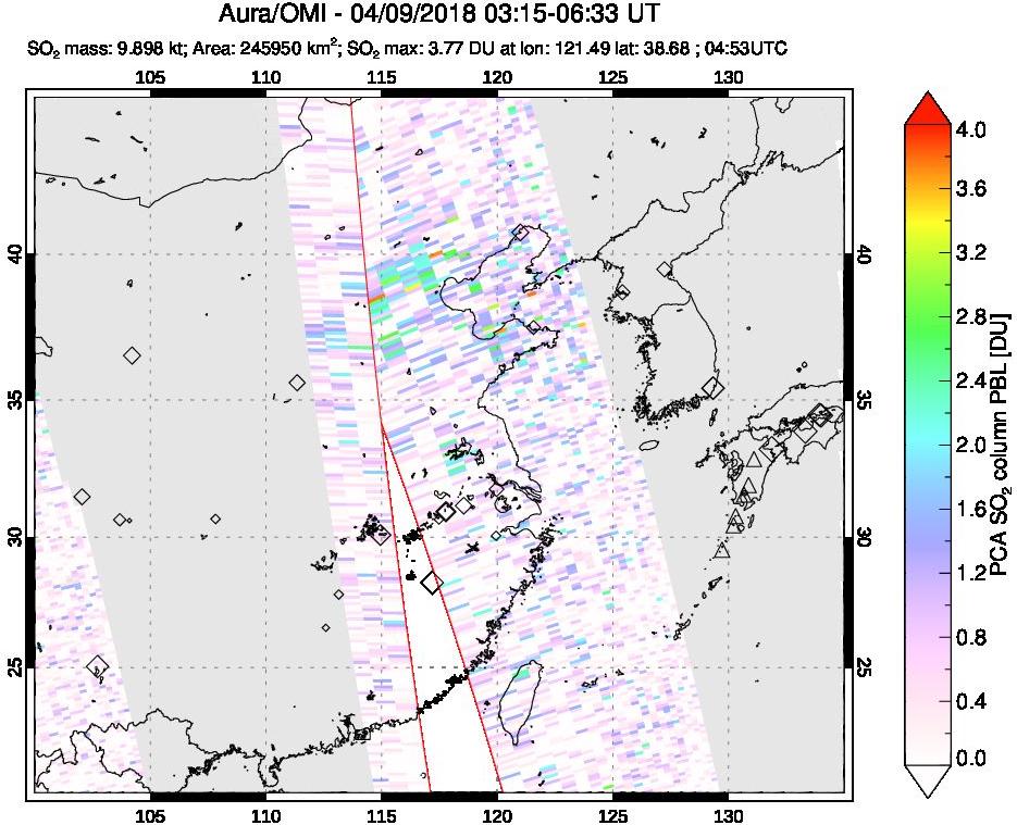 A sulfur dioxide image over Eastern China on Apr 09, 2018.