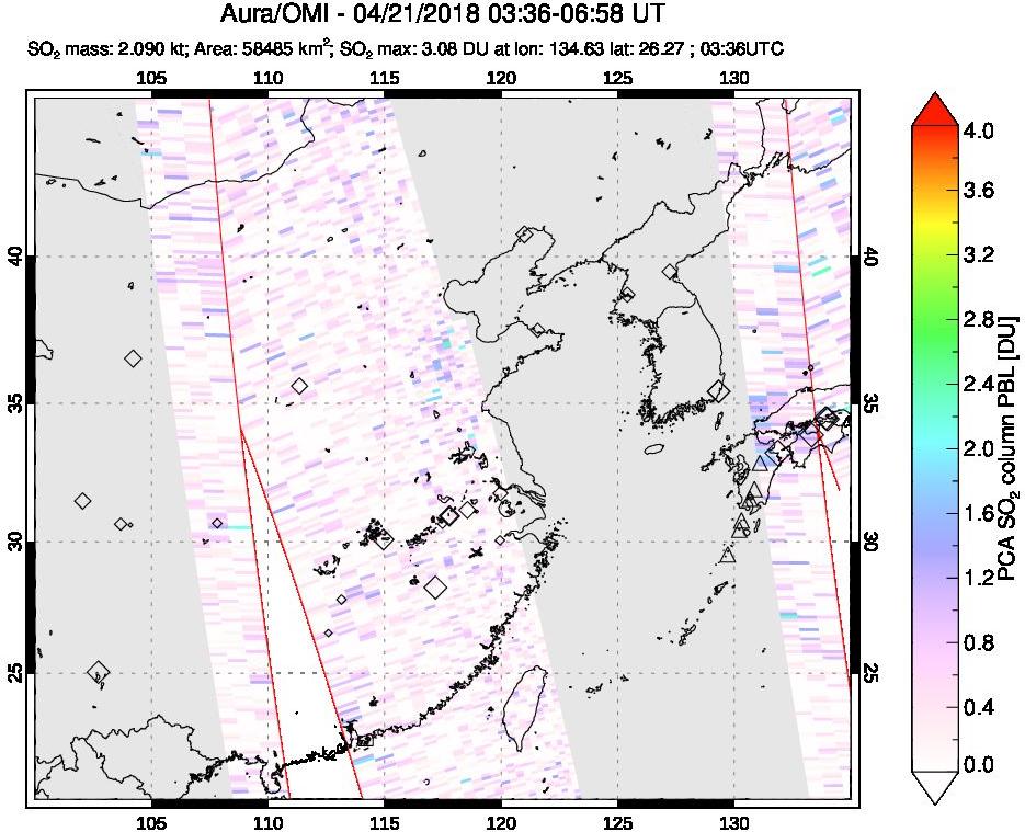 A sulfur dioxide image over Eastern China on Apr 21, 2018.