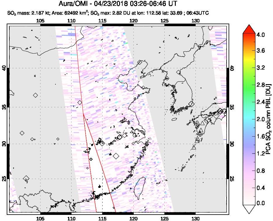 A sulfur dioxide image over Eastern China on Apr 23, 2018.