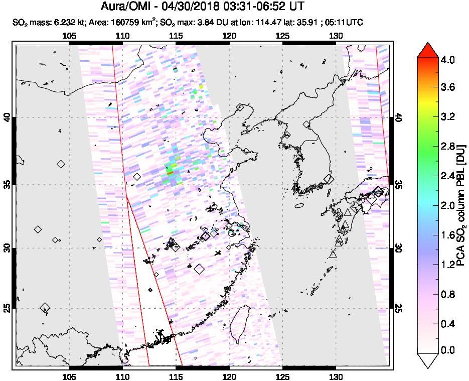A sulfur dioxide image over Eastern China on Apr 30, 2018.