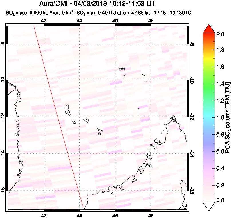 A sulfur dioxide image over Comoro Islands on Apr 03, 2018.