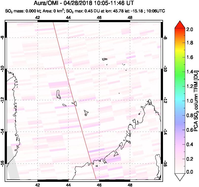 A sulfur dioxide image over Comoro Islands on Apr 28, 2018.