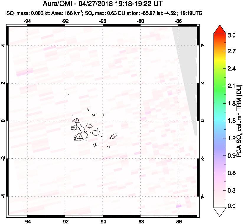 A sulfur dioxide image over Galápagos Islands on Apr 27, 2018.