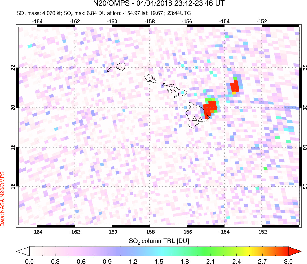 A sulfur dioxide image over Hawaii, USA on Apr 04, 2018.