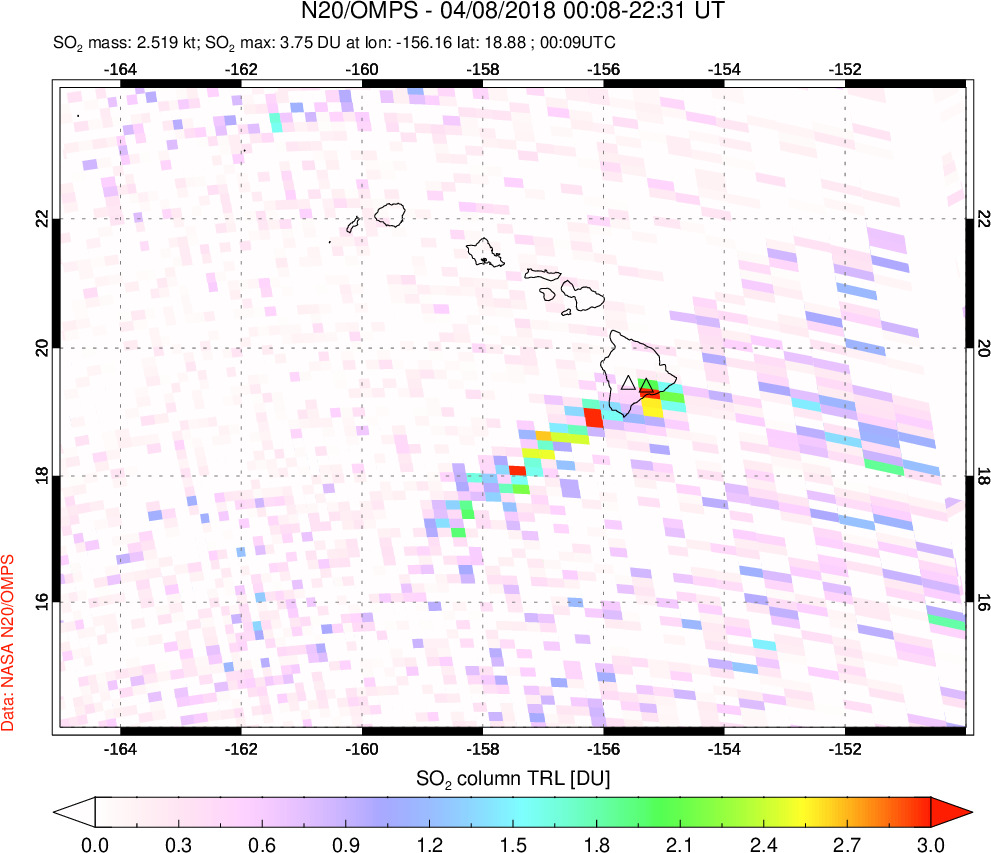 A sulfur dioxide image over Hawaii, USA on Apr 08, 2018.
