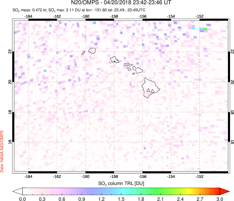 A sulfur dioxide image over Hawaii, USA on Apr 20, 2018.
