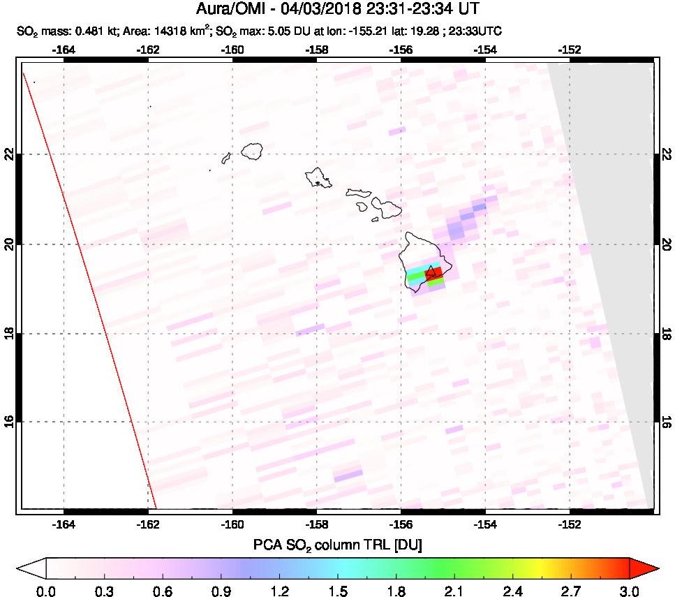 A sulfur dioxide image over Hawaii, USA on Apr 03, 2018.