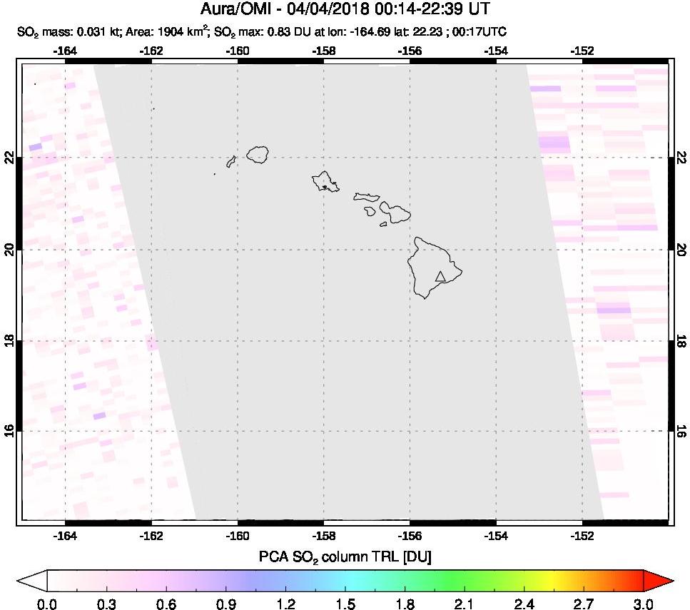 A sulfur dioxide image over Hawaii, USA on Apr 04, 2018.