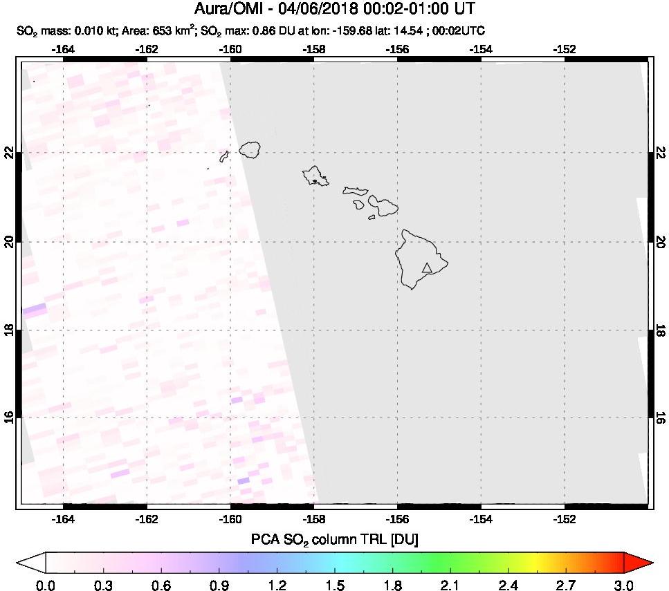 A sulfur dioxide image over Hawaii, USA on Apr 06, 2018.