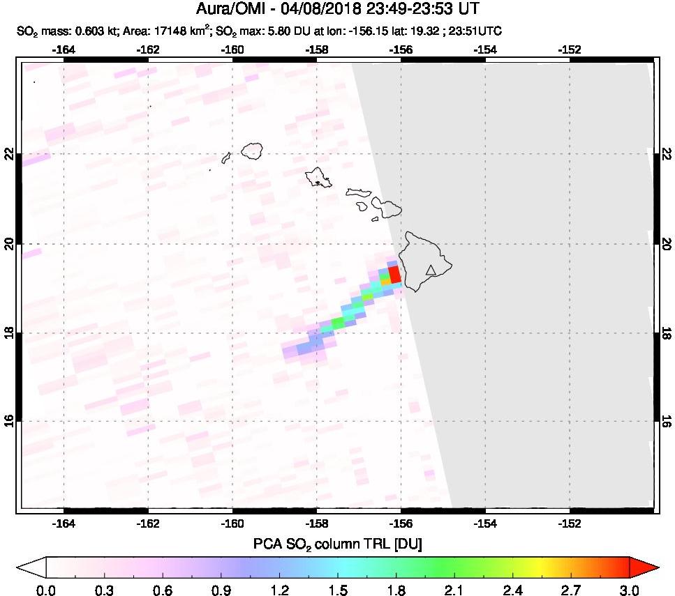 A sulfur dioxide image over Hawaii, USA on Apr 08, 2018.
