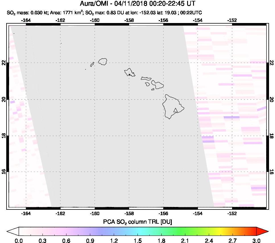 A sulfur dioxide image over Hawaii, USA on Apr 11, 2018.